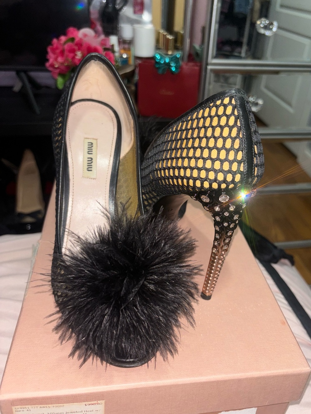 Miu Miu peep toe Black/nude fishnet, size 41, 105mm